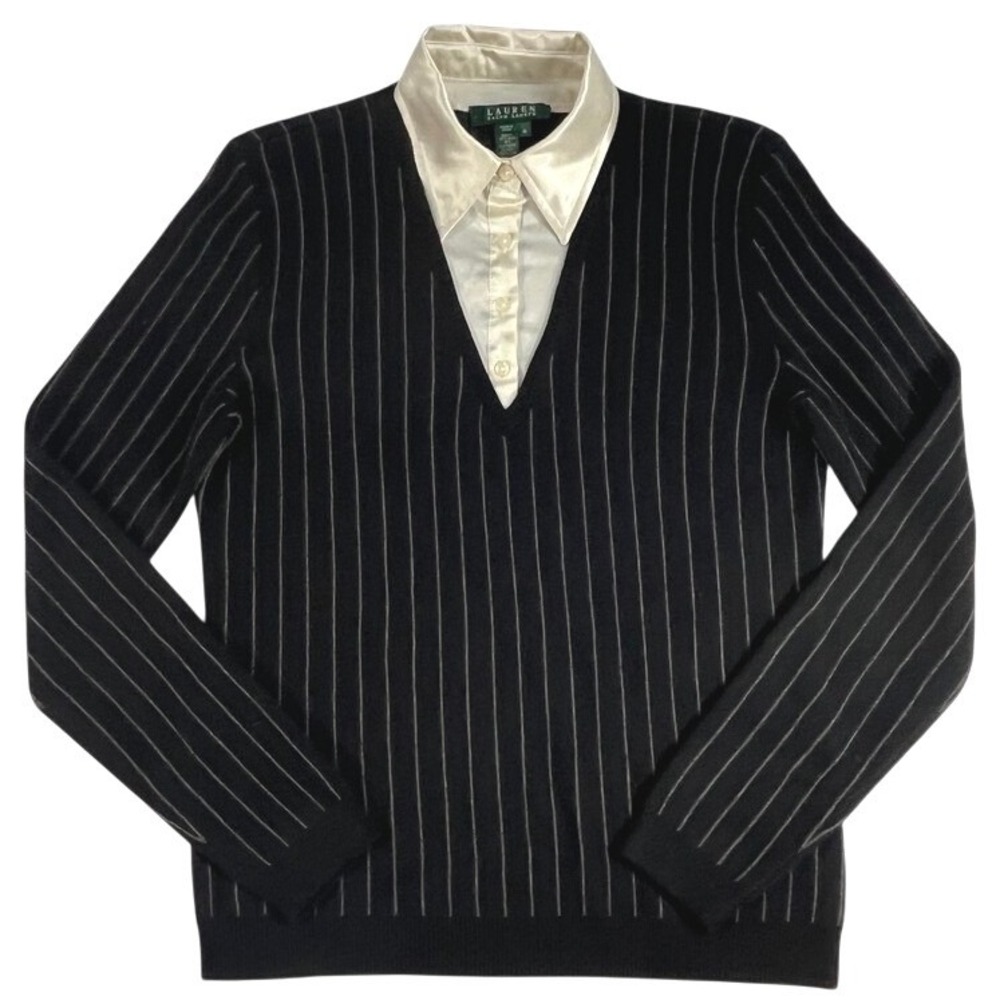 Lauren Ralph Lauren Pinstripe Sweater M Silk Cashmere Faux Layered Shirt Collar